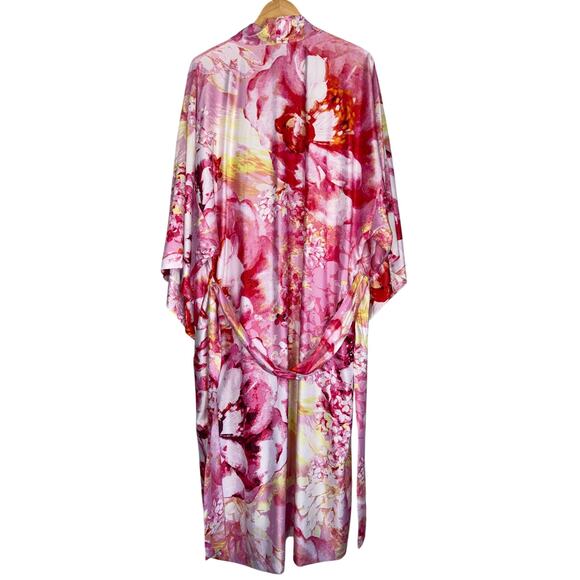 Natori Satin Full Bloom Watercolor Kimono Robe XL Pink Yellow Watercolor Kimono - Picture 4 of 7